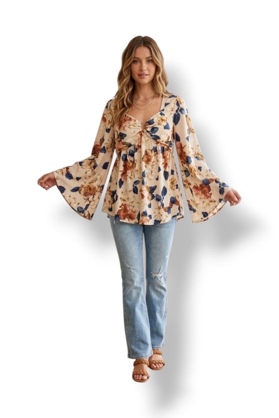 Entro boho cottagecore babydoll floral top with bell sleeves size large